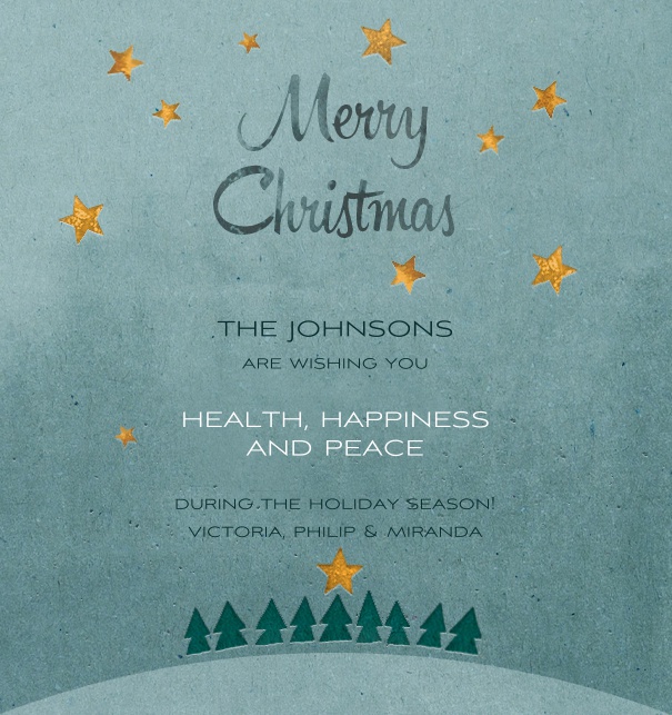 Online Weihnachtskarte mit Merry Christmas Text und grünen Weihnachtsbäumen.