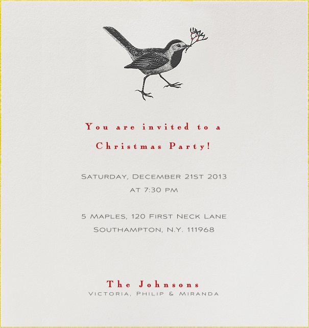 Christmas Invitation with a Robin and flower Bouquet.