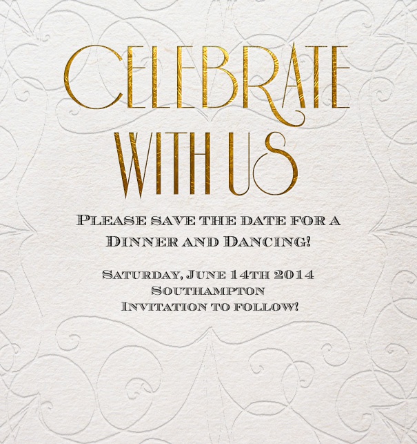 Online Save the Date Card for celebrations with white background and printed patterns  and customizable text.