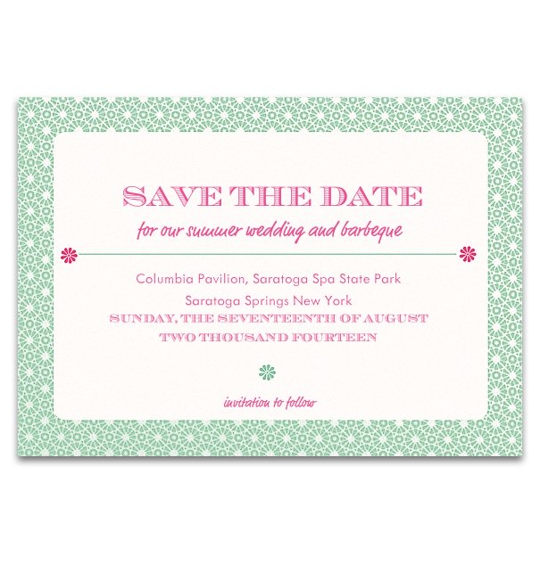 Wedding Save the date card online with green frame with white polkadots.