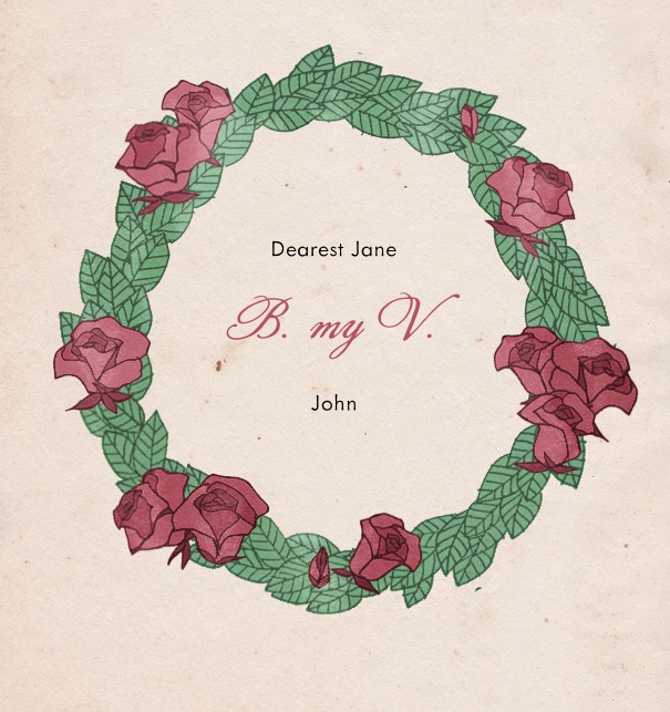 Online Valentine's Day Card Love Letter with green wreath and red roses.