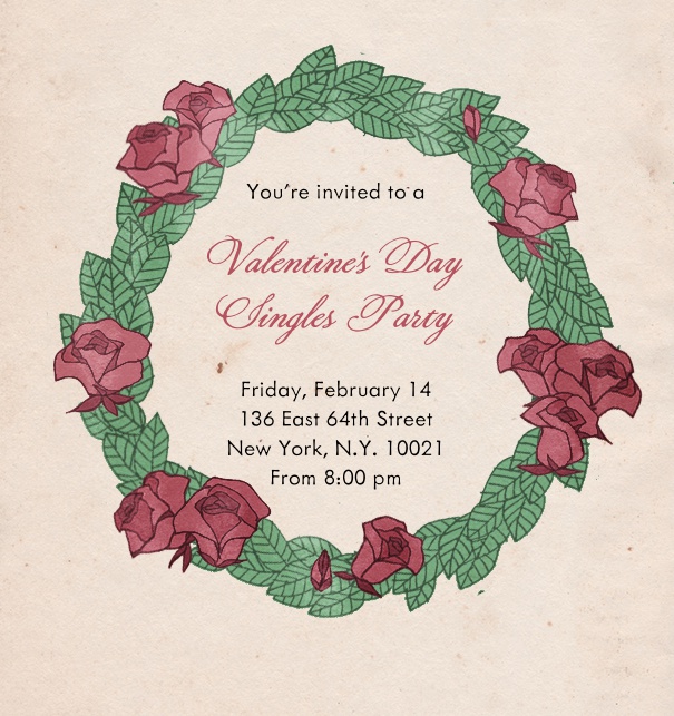 Valentine's Day Invitation Love Letter with green wreath and red roses.