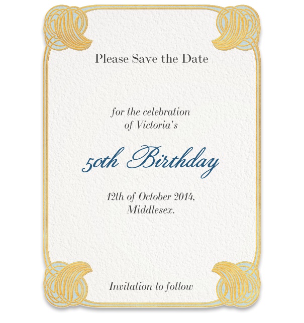 Online Save the Date Karte mit goldenem Blumenmuster und runden Ecken.