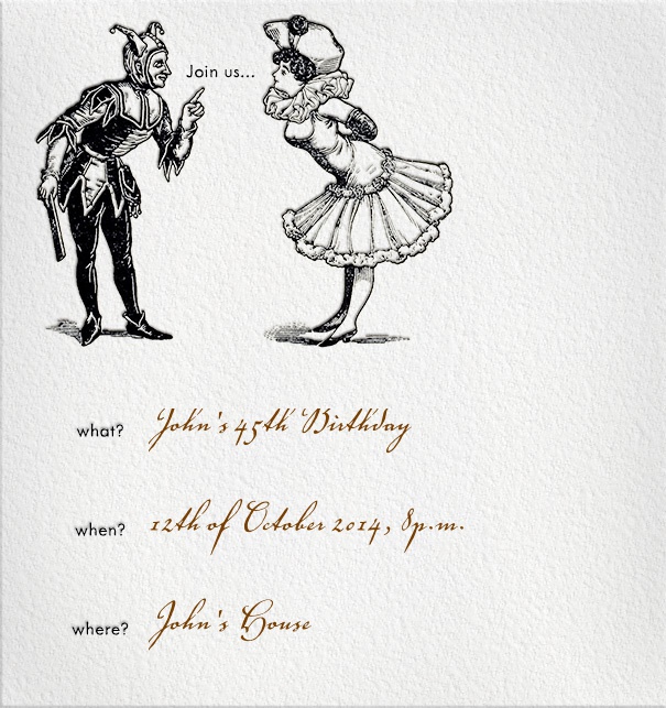 Formal Addressing Digital Invitation with Jester and Clown and formal text.