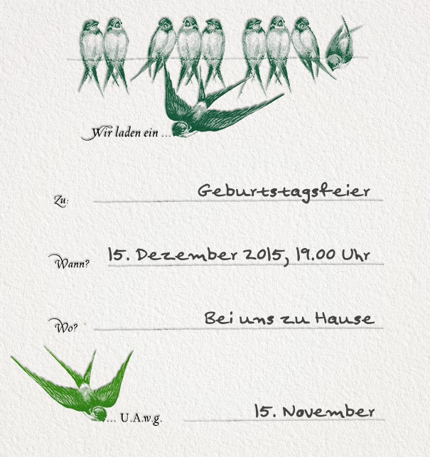 Online Einladungskarte mit Feldern zur Adressierung und grünen Vögeln.