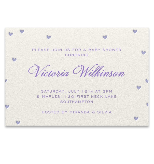 Purple Baby Announcement Invitation with purple hearts.