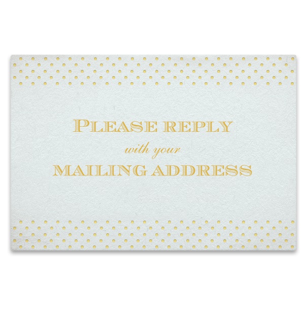 Weiße Karte mit goldenen Punkten oben und unten zur Abfrage der Postadresse mit editierbarem Textfeld.