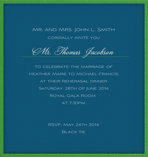Rectangular blue classic formal wedding invitation card with light text and space for recipient names.