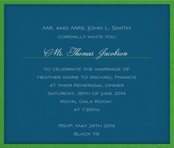 Square blue classic formal wedding invitation card with light text and space for recipient names.