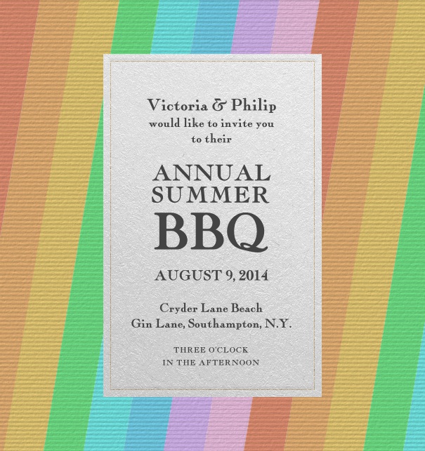 Colorful Summer BBQ Invitation with multi striped background.