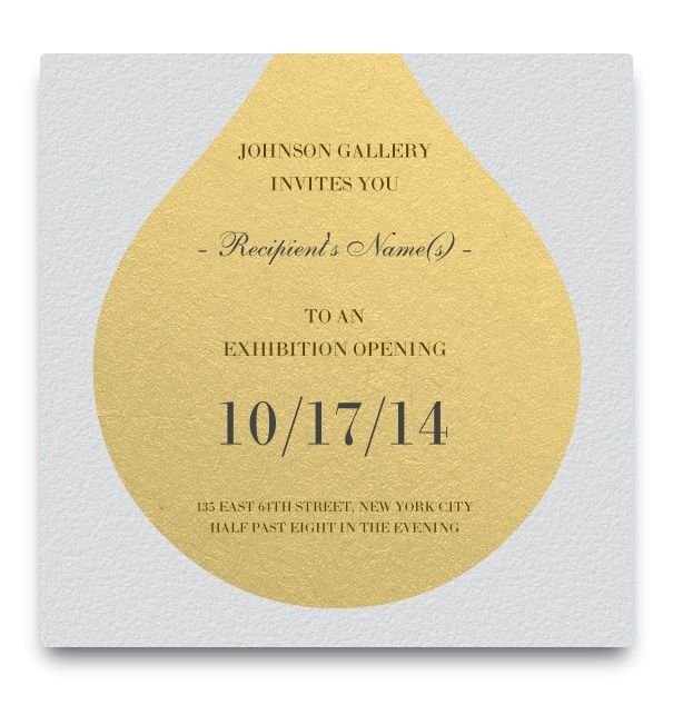Michaels Groupie - Free designs White formal invitation with Name of Recipient and yellow gold droplet shaped text box.