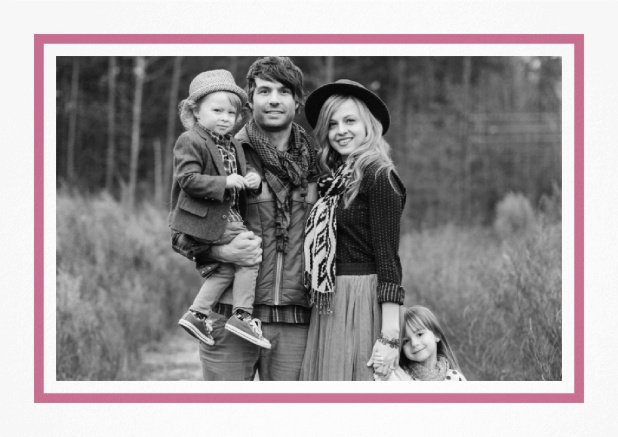 Christmas photo card with photo field surrounded by a red border. Pink.