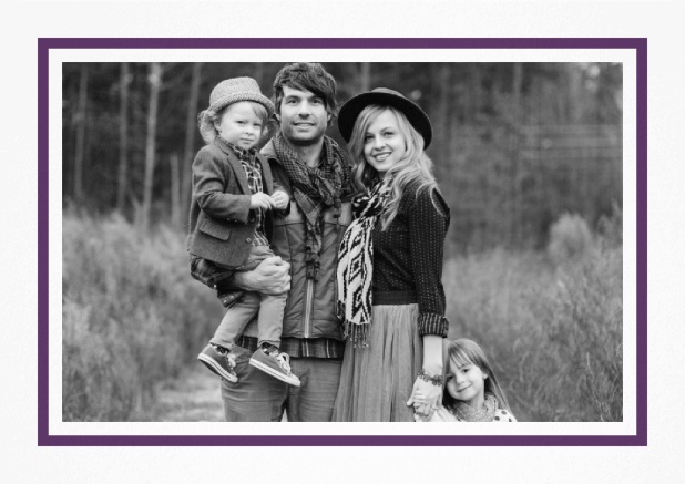 Christmas photo card with photo field surrounded by a red border. Purple.