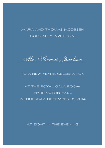 Green invitation card with white border including a dotted line for name of recipient. Blue.