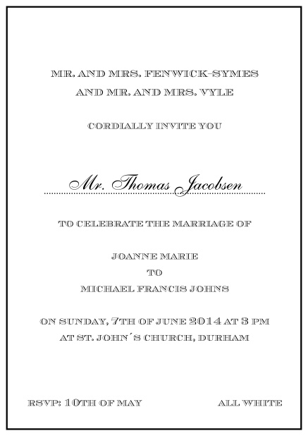 Invitation card with light pink border including a dotted line for name of recipient. Black.