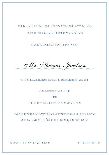 Invitation card with light pink border including a dotted line for name of recipient. Blue.