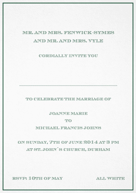 Invitation card with light colorful border including a dotted line for name of recipient. Green.