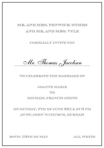 Invitation card with light pink border including a dotted line for name of recipient. Grey.