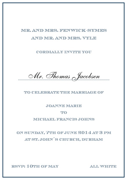 Invitation card with light pink border including a dotted line for name of recipient. Navy.
