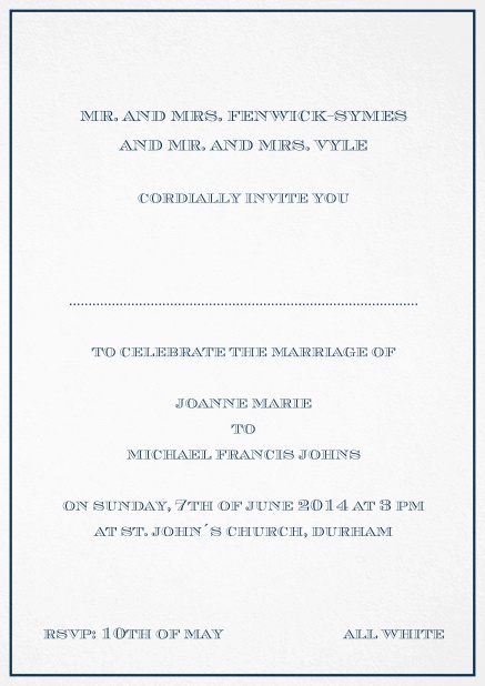 Invitation card with light colorful border including a dotted line for name of recipient. Navy.
