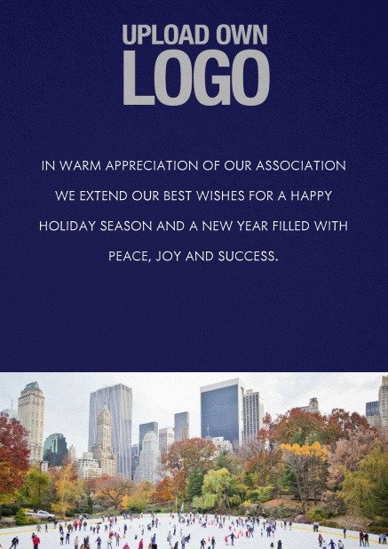 Corporate Christmas card with photo field, own logo option and green text field. Blue.