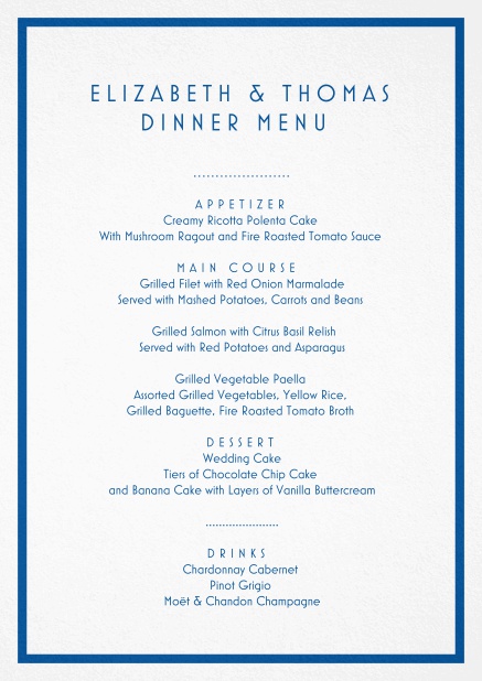 Menu card design with red border and editable text. Blue.