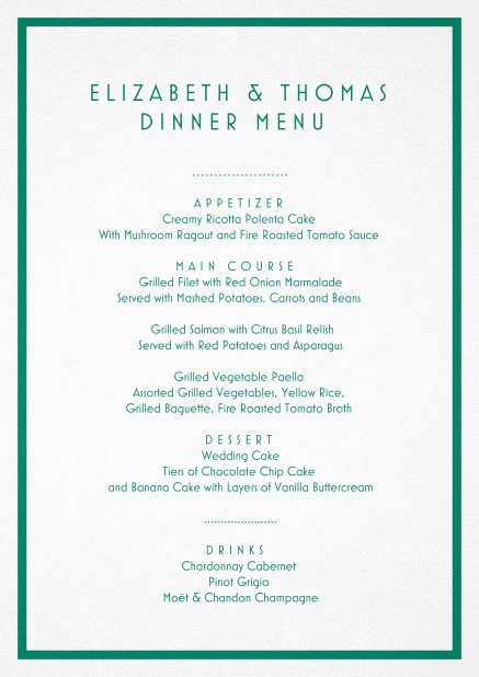 Menu card design with red border and editable text. Green.