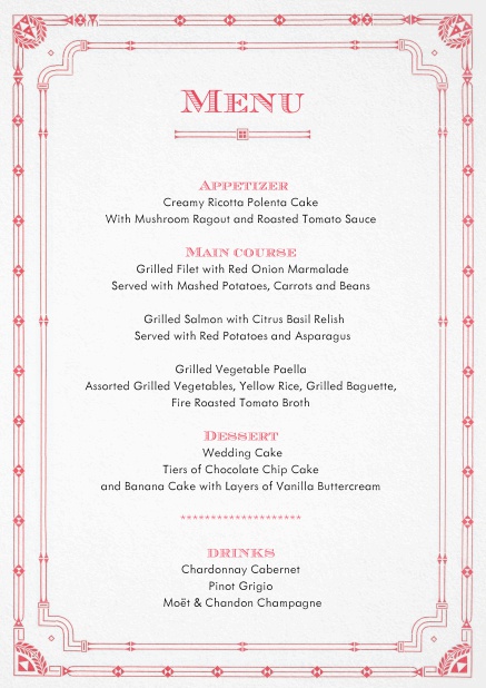 Menu card with art deco frame and editable text.