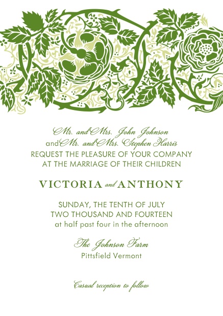 Online Hochzeitseinladungskarte mit grünen Blumen.