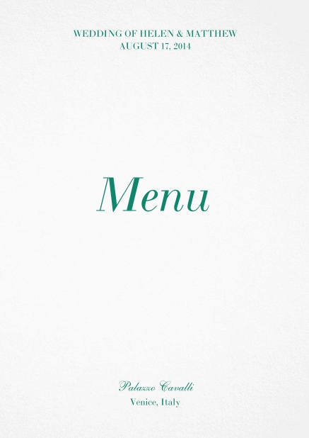 Menu card with dark text. Green.