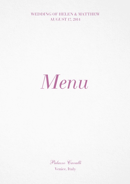 Menu card with dark text. Pink.