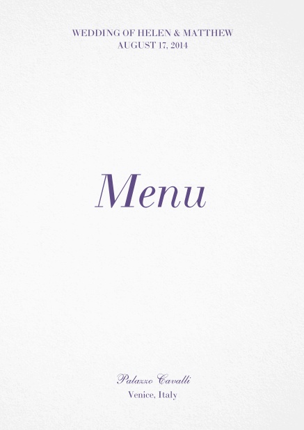 Menu card with dark text. Purple.