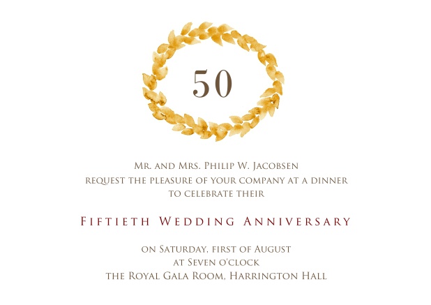 Online 50th Birthday invitation card with gold wreath.