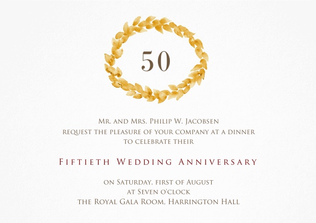 50th Birthday invitation card with gold wreath.