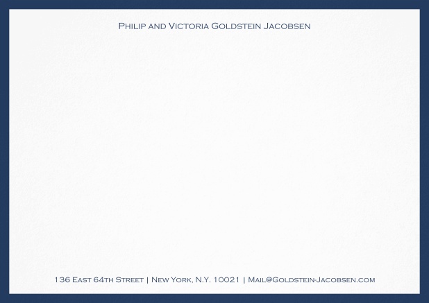 White correspondence card with green frame and name with address. Navy.