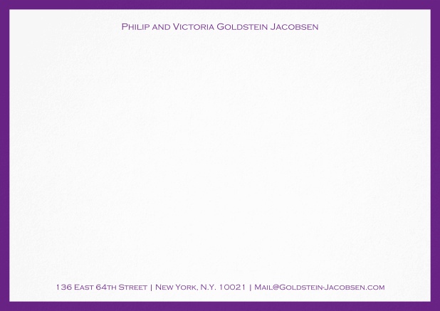 White correspondence card with green frame and name with address. Purple.