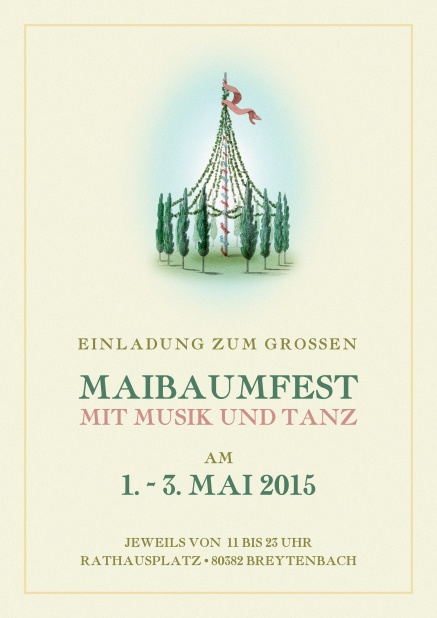 Online Klassische Einladungskarte zum Maibaumfest mit grünem Text.