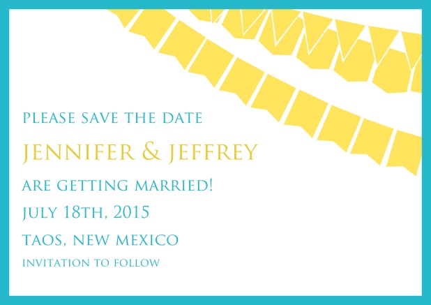 Wedding save the date card with blue frame and yellow bunting.