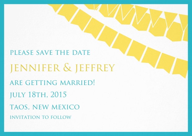 Birthday invitation card with turquoise frame, yellow garlands and text field.