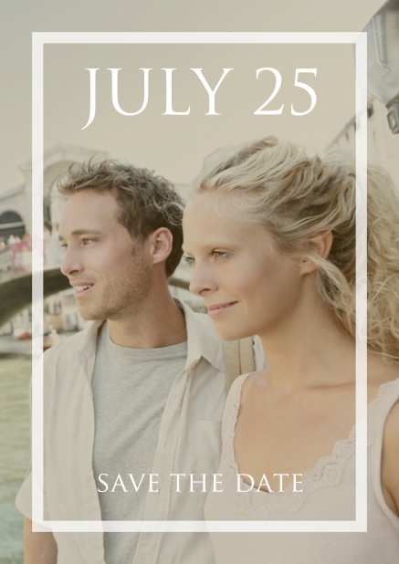 Online Save the date card with transparent frame and text over a uploadable photo Navy.