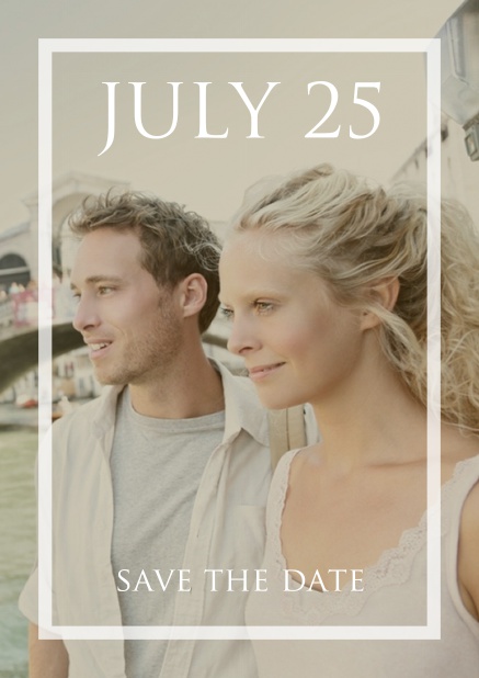 Online Save the date card with transparent frame and text over a uploadable photo