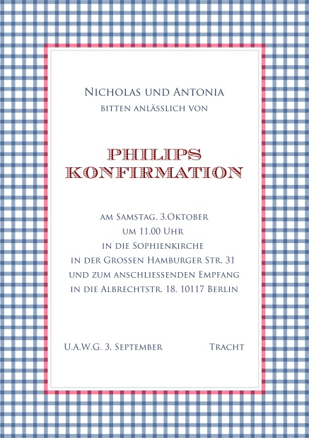 Online Einladungskarte zur Konfirmation in bayerischem Trachtdesign mit rot, blauem kariertem Rahmen und editierbarem Text.