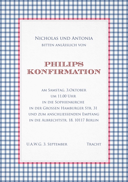 Einladungskarte zur Konfirmation in bayerischem Trachtdesign mit rot, blauem kariertem Rahmen und editierbarem Text.