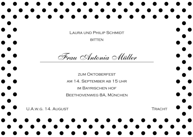 Online Einladungskarte mit gepunktetem Rahmen in verschiedenen Farben und editierbarem Text. Schwarz.