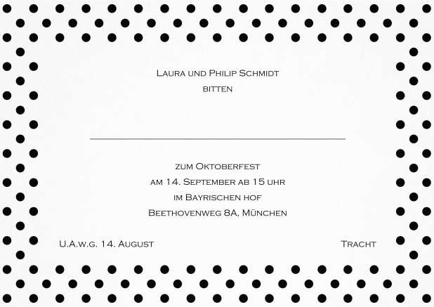 Einladungskarte mit gepunktetem Rahmen in verschiedenen Farben und editierbarem Text. Schwarz.