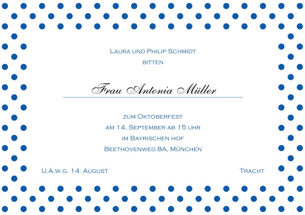 Online Einladungskarte mit gepunktetem Rahmen in verschiedenen Farben und editierbarem Text. Blau.