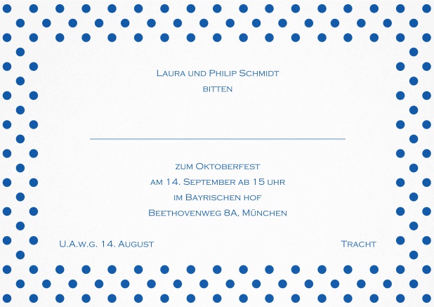 Einladungskarte mit gepunktetem Rahmen in verschiedenen Farben und editierbarem Text. Blau.