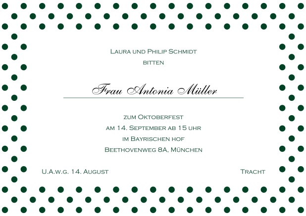 Online Einladungskarte mit gepunktetem Rahmen in verschiedenen Farben und editierbarem Text. Grün.