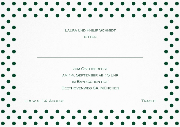 Einladungskarte mit gepunktetem Rahmen in verschiedenen Farben und editierbarem Text. Grün.