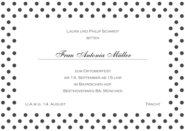 Online Einladungskarte mit gepunktetem Rahmen in verschiedenen Farben und editierbarem Text. Grau.
